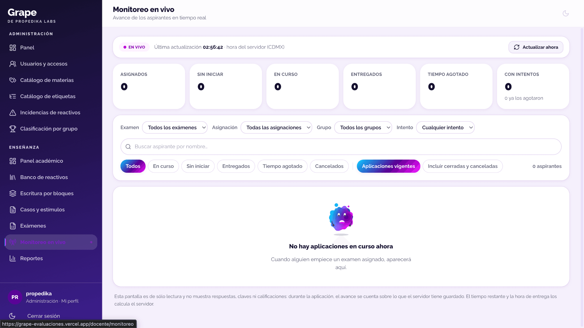Grape · monitoreo en vivo de aplicaciones y avance por grupo
