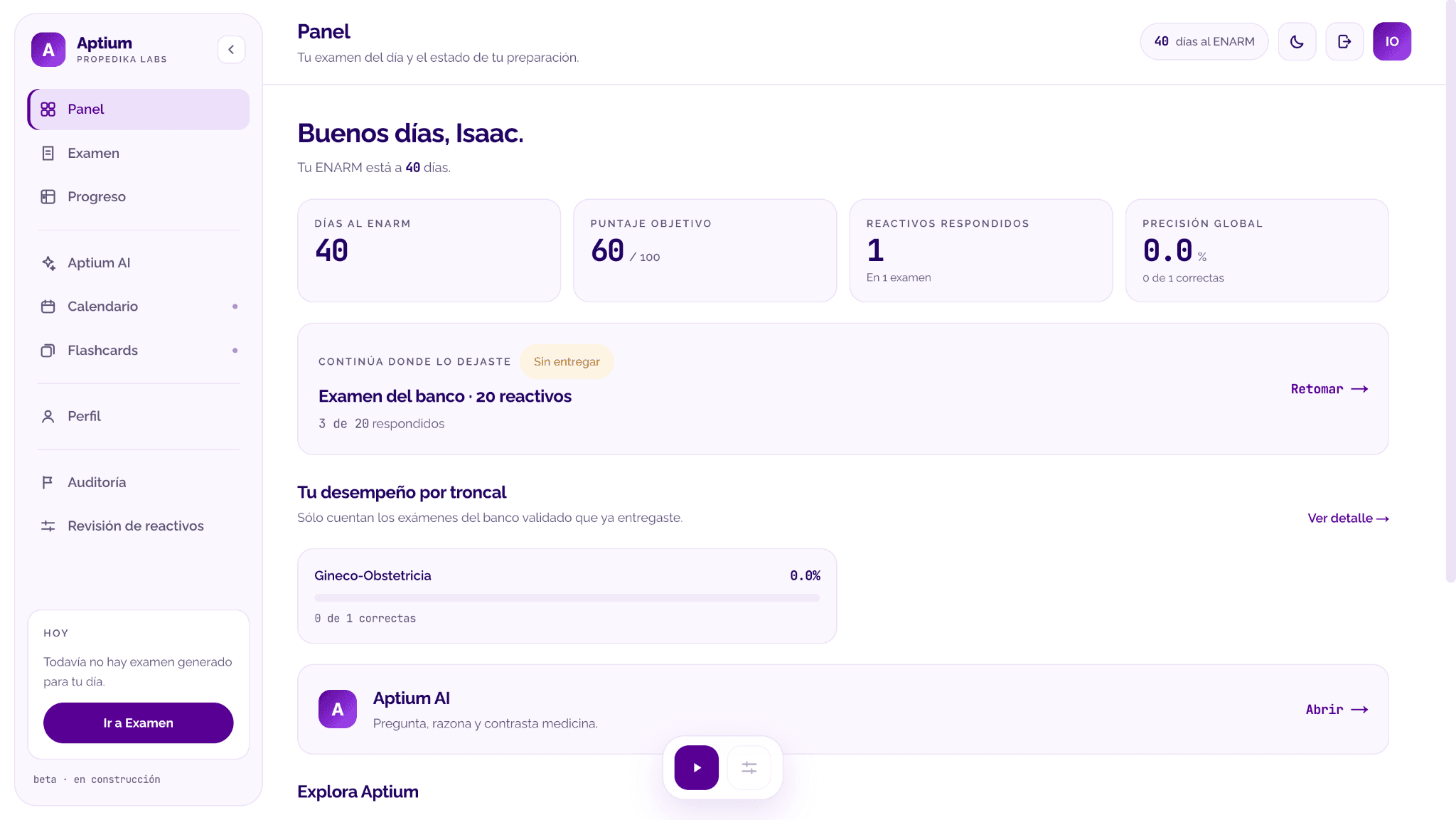 Aptium · panel del estudiante