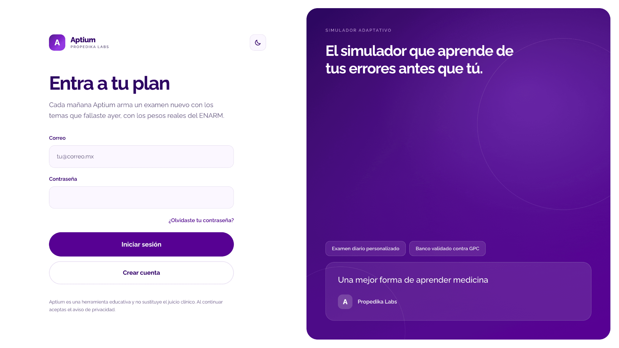 Aptium · acceso al simulador adaptativo